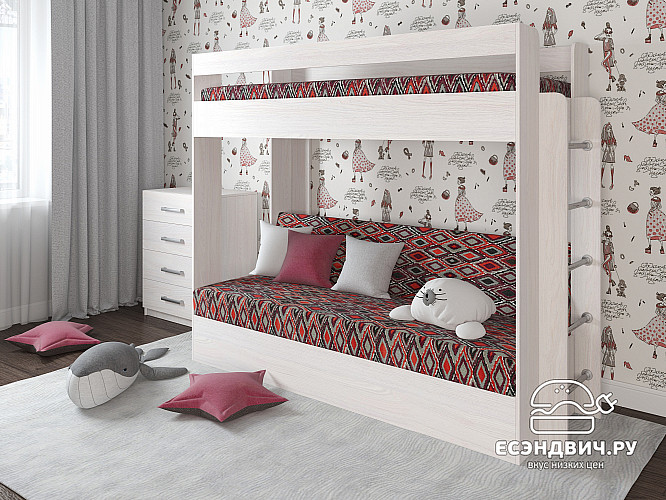 Кровать двухъярусная с диваном "Лаворо" (Анкор белый/Принт DP Roxy Rouge (AT)) D
