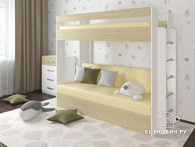 Кровать двухъярусная с диваном "Лаворо" (Белый/Пикард/Иск. кожа Sunny Milk 005 (AT)) D