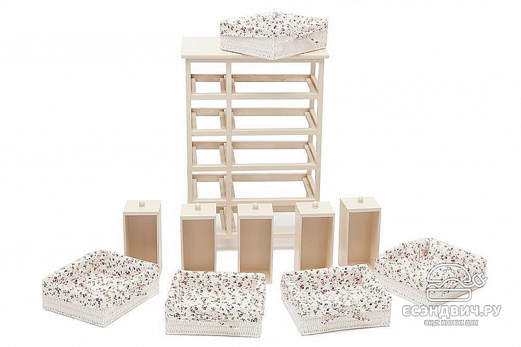 Комод 5 ящ./5 корз.cabas "Бриджит"(МДФ/Дерево цвет слоновая кость/Ткань розы) Tch/9743