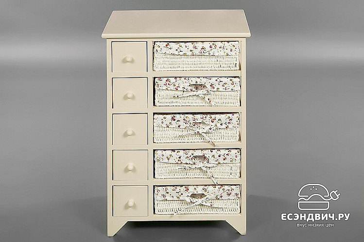 Комод 5 ящ./5 корз.cabas "Бриджит"(МДФ/Дерево цвет слоновая кость/Ткань розы) Tch/9743