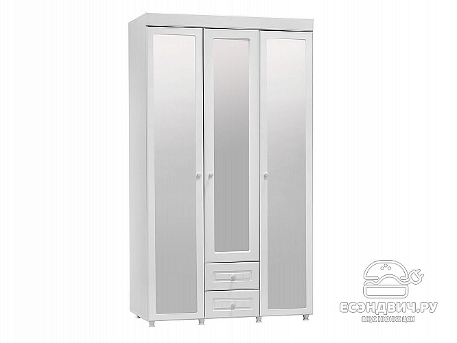 Шкаф 3х дверн. (560) с ящ. tre "Леон"(МДФ)(Белый/Белое дерево/Зеркало)/Vs/МН-58