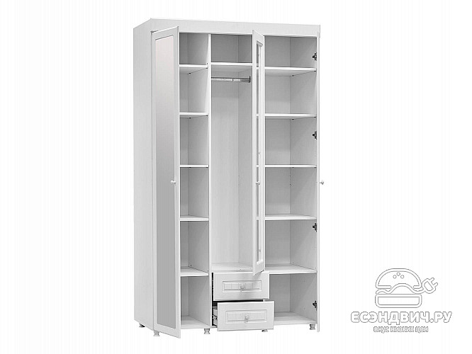 Шкаф 3х дверн. (560) с ящ. tre "Леон"(МДФ)(Белый/Белое дерево/Зеркало)/Vs/МН-58