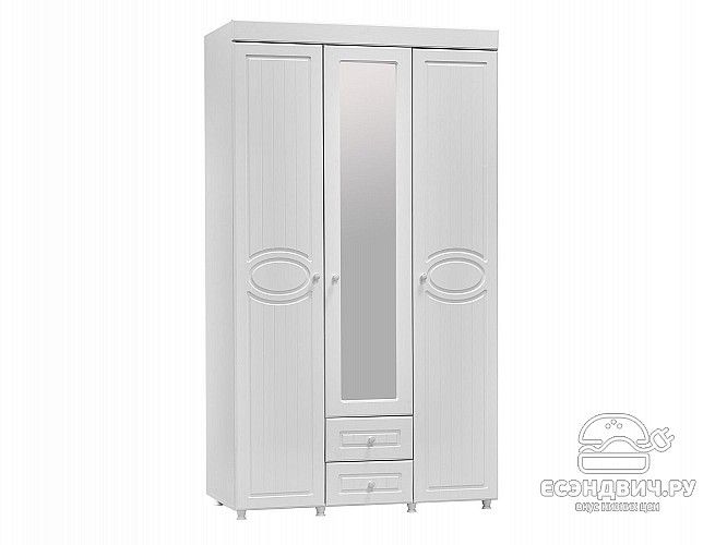 Шкаф 3х дверн. (560) с ящ. "Леон"(МДФ)(Белый/Белое дерево/Зеркало)/Vs/МН-57