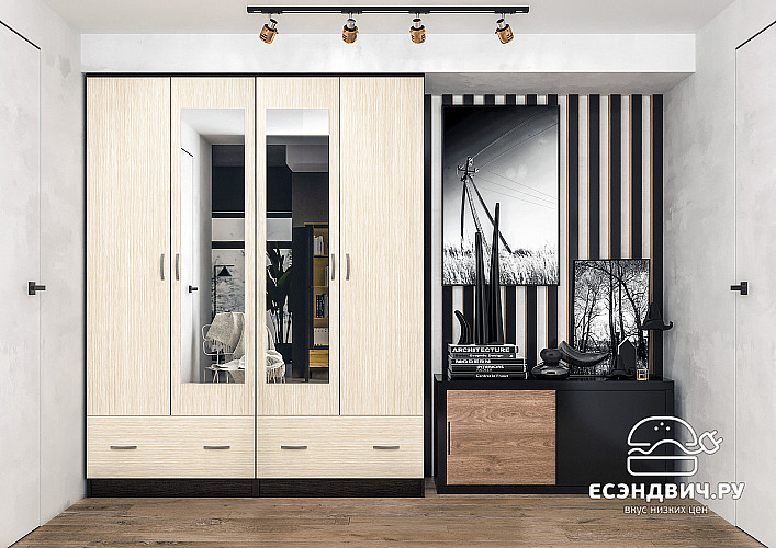 Шкаф 4-хдв.  "Беверли" (Венге/Дуб белфорд/Зеркало) -ИЦ/Р-ШК-4