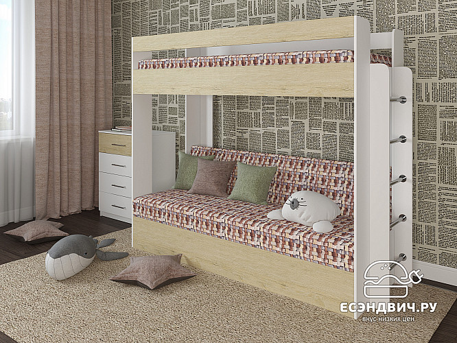 Кровать двухъярусная с диваном "Лаворо" (Белый/Пикард/Принт Strunk 4 (Bt)) D