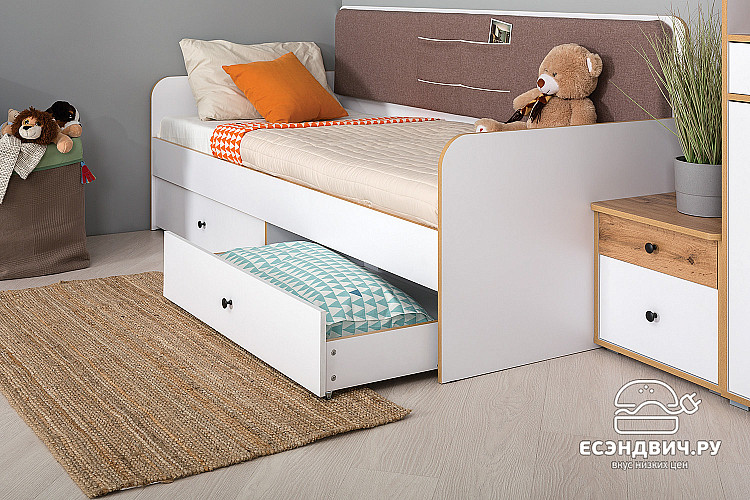 Кровать 900 с ящ. "Кристофер"(Дуб золотой/Белый/Рогожка Саванна Латте)/Mb/Vd_11.02