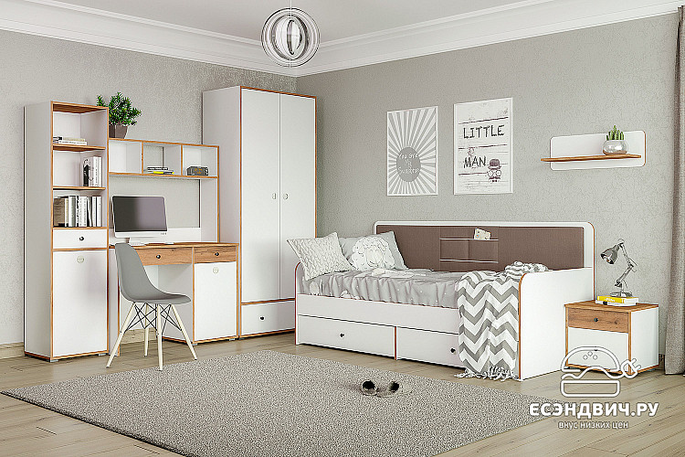 Кровать 900 с ящ. "Кристофер"(Дуб золотой/Белый/Рогожка Саванна Латте)/Mb/Vd_11.02