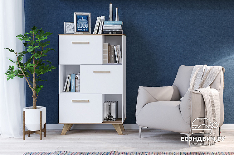 Комод N "Сканди" (МДФ)  (Белый/Дуб Каньон/Глянец белый) -Kr/Scnd/Knz