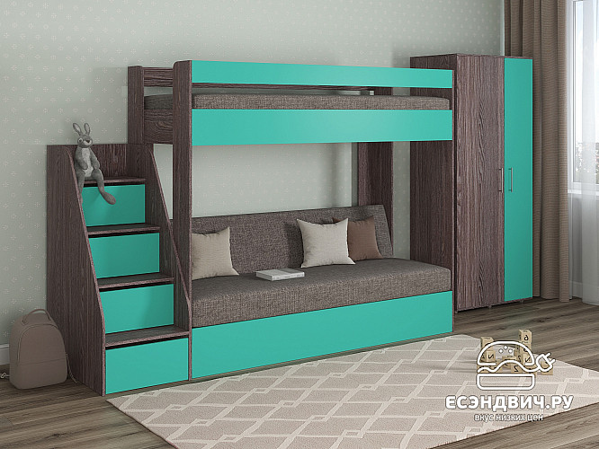 Кровать двухъярусная с диваном и лестницей-комодом "Лаворо" (Анкор тёмный/Аква/Рогожка Savana Latte (AT)) D_B3