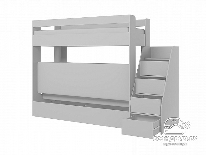 Кровать двухъярусная с диваном и лестницей-комодом "Лаворо" (Анкор тёмный/Аква/Рогожка Savana Latte (AT)) D_B3