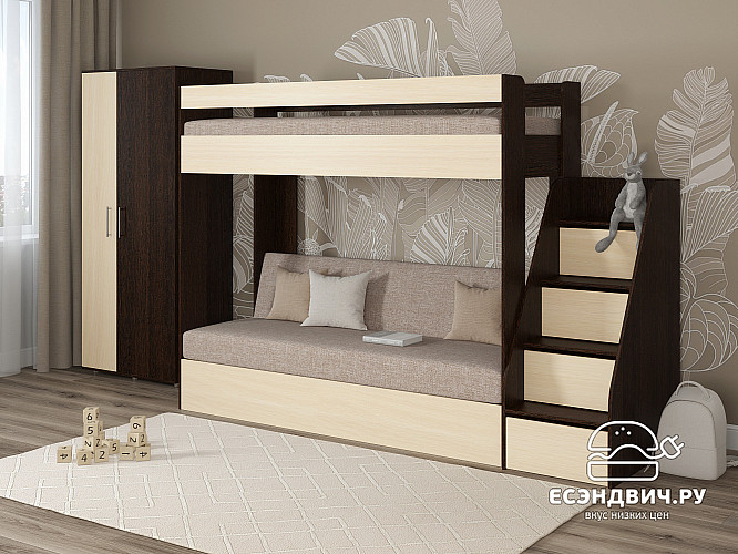 Кровать двухъярусная с диваном и лестницей-комодом "Лаворо" (Венге/Дуб выбеленный/Рогожка Savana Plus Mocca (AT)) D_B3