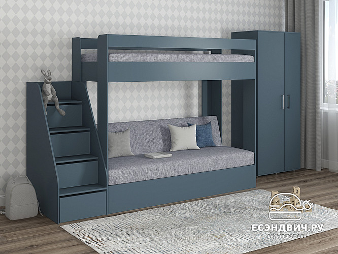 Кровать двухъярусная с диваном и лестницей-комодом "Лаворо" (Маренго/Рогожка Savana Plus Ash (AT)) D_B3