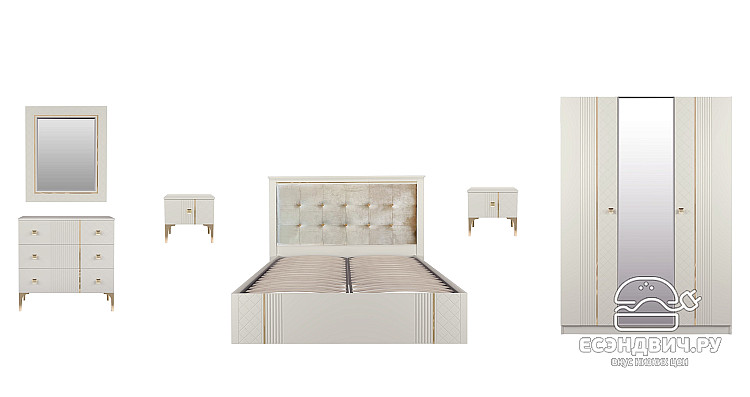 Спальня 6 предм. 3дв./1,6  "Шерри" (Сатин песочно-бежевый/Золото) (ЛМДФ Эмаль/Лак/Велюр) /Sk/Lr