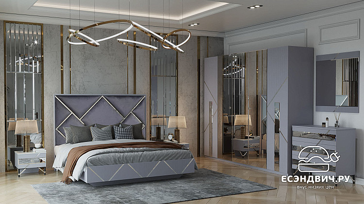Спальня 6 предм. 5дв./1,8 "Dubai" (Серый/Серебро) (ЛМДФ Эмаль/Лак/Велюр) /Sk/Az