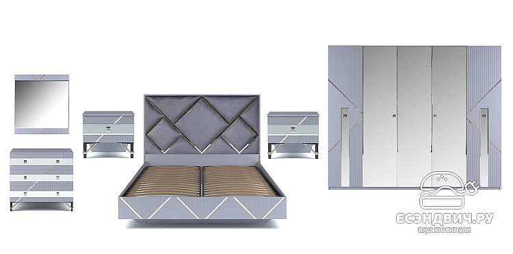 Спальня 6 предм. 5дв./1,8 "Dubai" (Серый/Серебро) (ЛМДФ Эмаль/Лак/Велюр) /Sk/Az