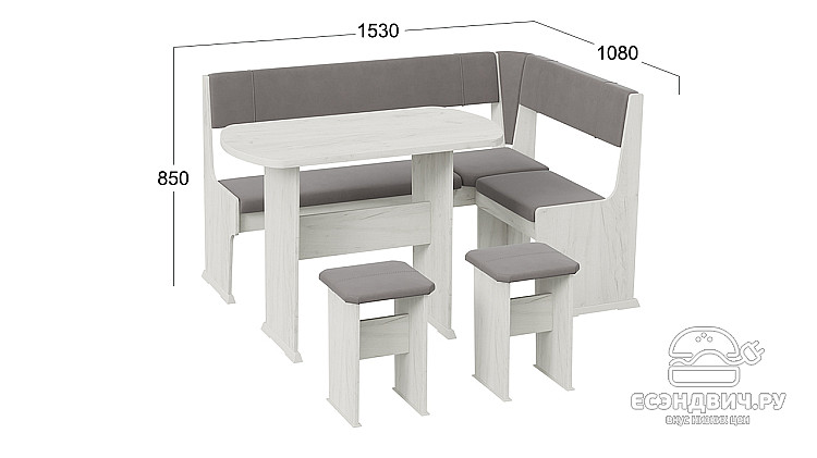 Кухонный уголок "Rio" (Дуб Крафт белый/Микровелюр Duna Steel) -Tr-Р