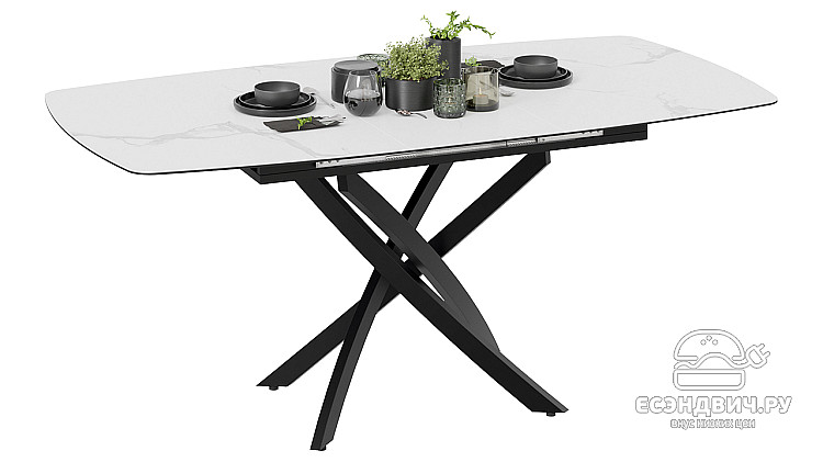 Стол раздвижной "Marcus" (Черный муар/Стекло матовое белый мрамор) -Tr-Мнх