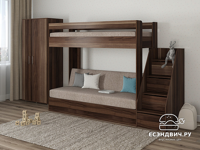 Кровать двухъярусная с диваном и лестницей-комодом "Лаворо" (Слива валлис/Рогожка Savana Latte (AT)) D_B3