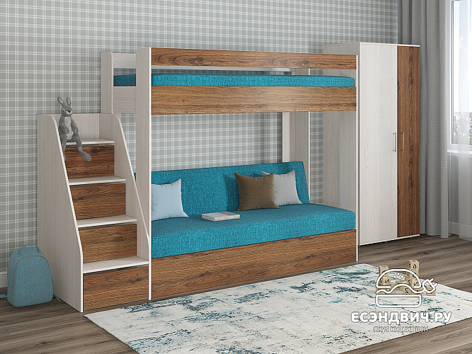 Кровать двухъярусная с диваном и лестницей-комодом "Лаворо" (Анкор Белый/Дуб Аризона/Savana Plus Lagoon) D_B3