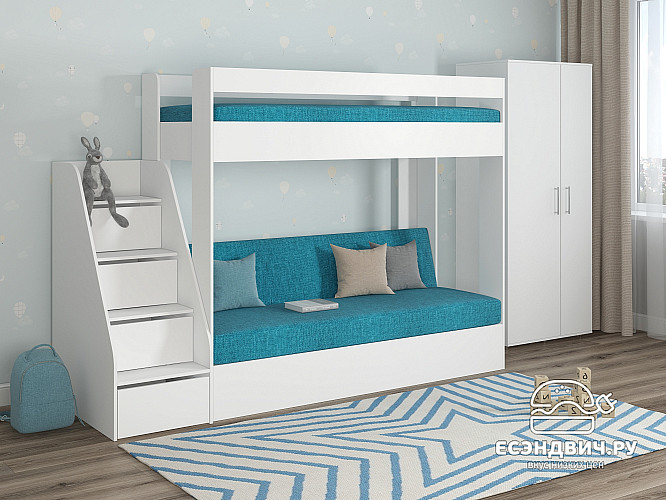 Кровать двухъярусная с диваном и лестницей-комодом "Лаворо" (Белый/Savana Plus Lagoon) D_B3