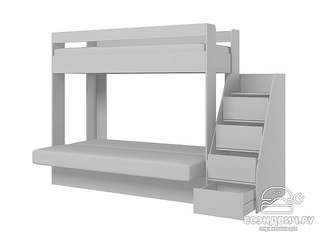 Кровать двухъярусная с диваном и лестницей-комодом "Лаворо" (Белый/Savana Plus Lagoon) D_B3