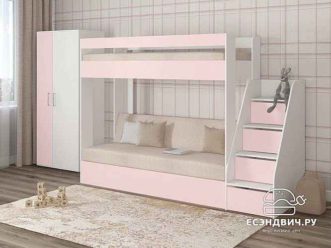 Кровать двухъярусная с диваном и лестницей-комодом "Лаворо" (Белый/Розовый кварц/Savana Plus Ivory) D_B3