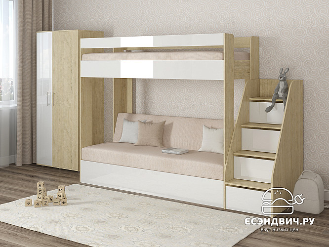 Кровать двухъярусная с диваном и лестницей-комодом "Лаворо" (Пикард/Белый Глянец/Savana Plus Ivory) D_B3