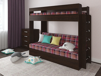 Кровать двухъярусная с диваном "Лаворо" (Венге/Велюр Quadro Violet (AT)) D - 1