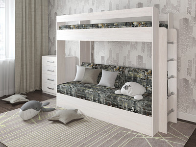Кровать двухъярусная с диваном "Лаворо" (Анкор белый/Принт Central Vision (AT)) D - 1