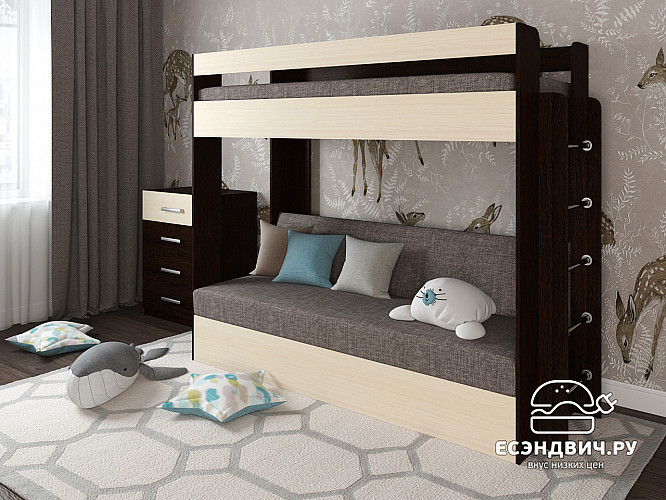 Кровать двухъярусная с диваном "Лаворо" (Венге/Выбеленный Дуб/Рогожка Savana Latte (AT)) D