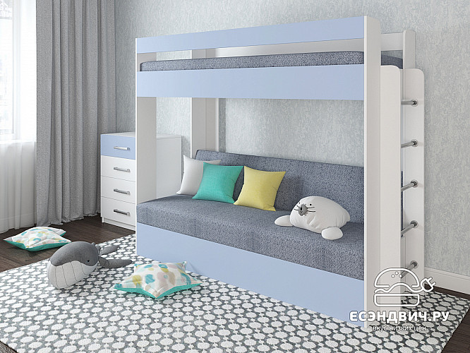 Кровать двухъярусная с диваном "Лаворо" (Белый/Серенити/Велюр Lama Stone (LT)) D