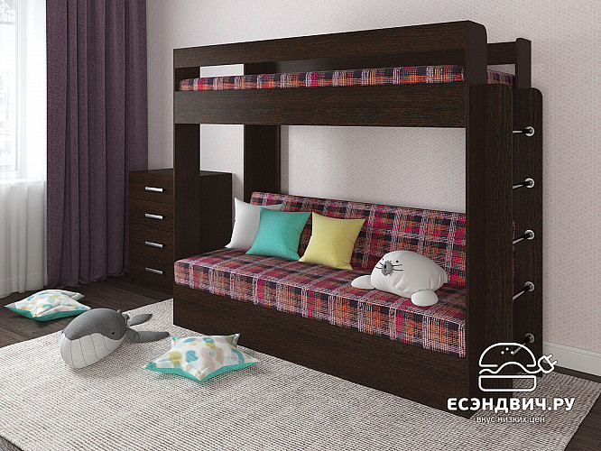 Кровать двухъярусная с диваном "Лаворо" (Венге/Велюр Quadro Violet (AT)) D