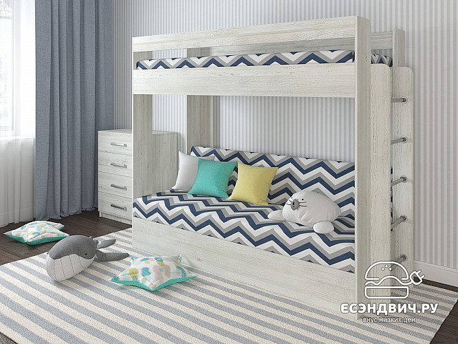 Кровать двухъярусная с диваном "Лаворо" (Сосна винтерберг/Lokky Blue (AT)) D
