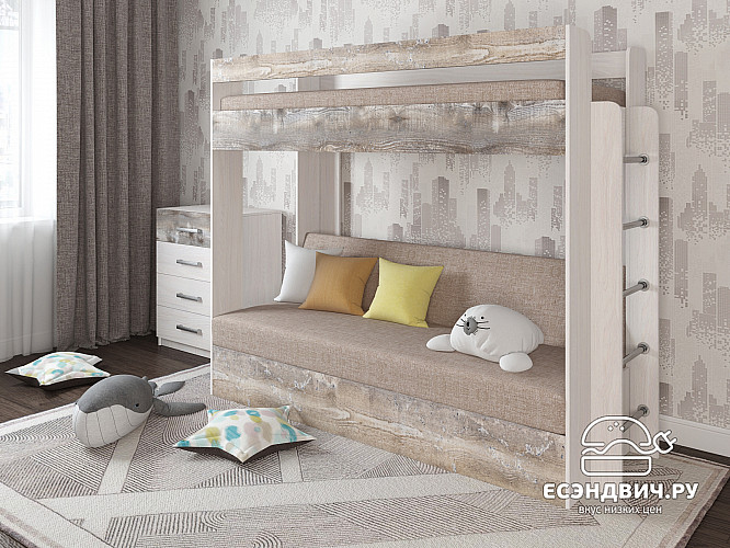 Кровать двухъярусная с диваном "Лаворо" (Анкор белый/Бетон пайн экзотик/Рогожка Savana Plus Mocca (AT)) D
