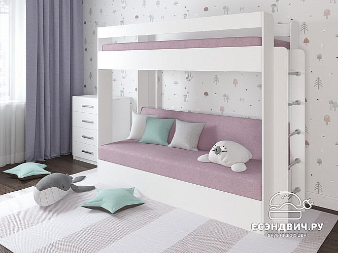 Кровать двухъярусная с диваном "Лаворо" (Белый/Рогожка Savana Plus Dimrose (AT)) D