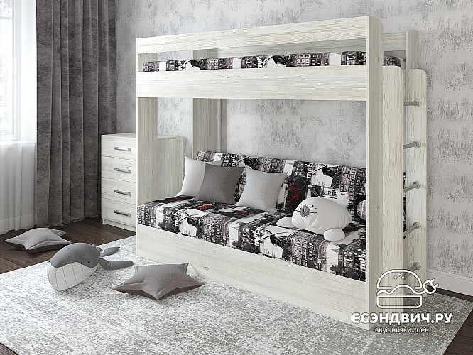 Кровать двухъярусная с диваном "Лаворо" (Сосна винтерберг/Принт Amsterdam Grafit S (AT)) D