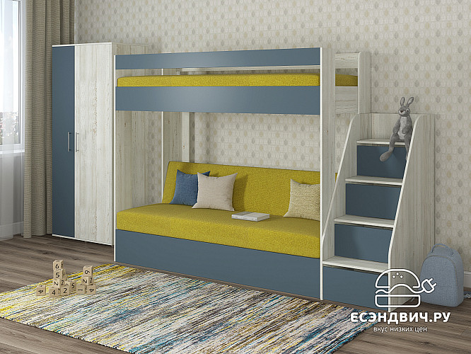 Кровать двухъярусная с диваном и лестницей-комодом "Лаворо" (Сосна винтерберг/Маренго/Рогожка Bahama Green (AT)) D_B3
